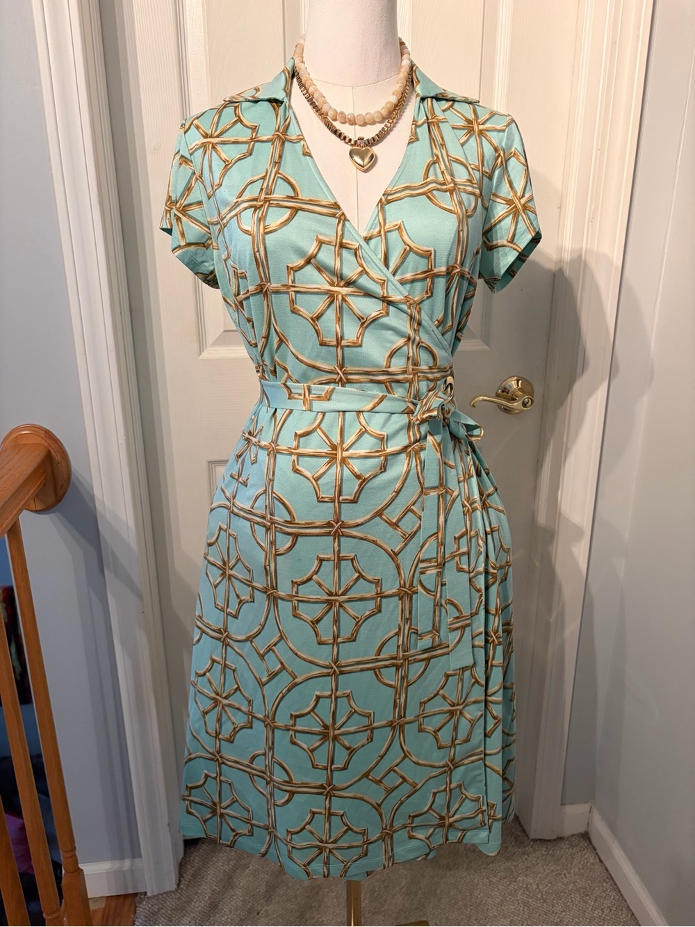 J. McLaughlin Aqua Wrap Midi Dress with Gold Geometric Print